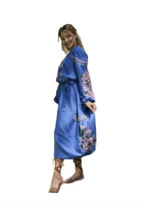 Ukrainian Embroidered Traditional Dress Linen Vyshyvanka Long Linen Dress Floral Bohemian Summer Boho dress Deep Blue dress (14)