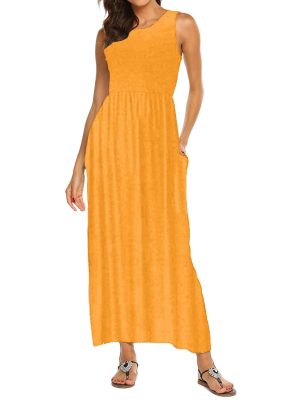 Women's Sleeveless Maxi Dress Patchwork Tank Top Flowy Dress Summer Pleated Long Sundress with Pockets