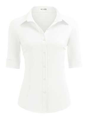 Women's Basic Button Down Shirts 3/4 Sleeve Stretch Button Up Dress Shirt Slim Fit Waitress Work Shirts