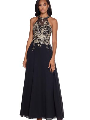 Women's Petite Long Embroidered Halter Chiffon Gown