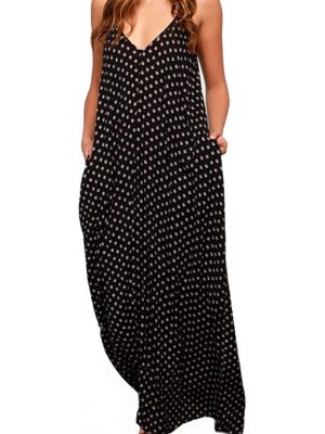 Women V-Neck Polka Dot Print Spaghetti Strap Boho Long Maxi Dresses