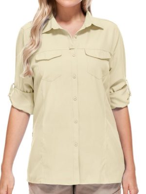 Women UPF 50+ Sun Protection Safari Shirts Quick Dry Lightweight Outdoor Fishing Hiking Travel Shirts with Zipper Pockets