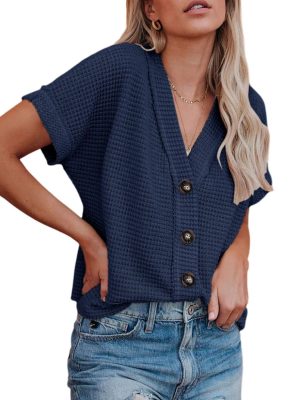 Womens Summer Tops 2025 Waffle Knit Button Down Shirts Casual V Neck Short Sleeve Shacket Jacket Dressy Blouses